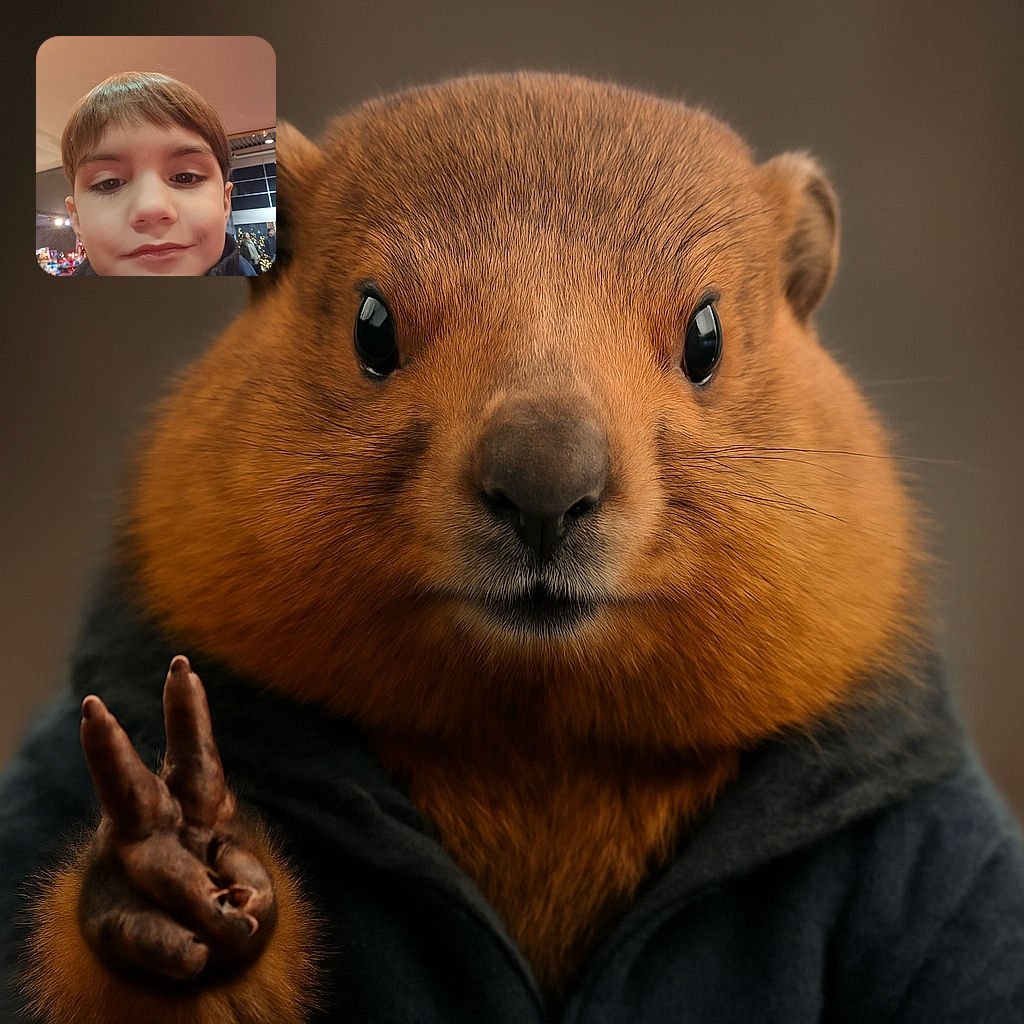 A close-up selfie of a young child with short brown hair, softly smiling with a hint of mischief, indoors with festive lights and people blurred in the background, giving a cozy and cheerful vibe.