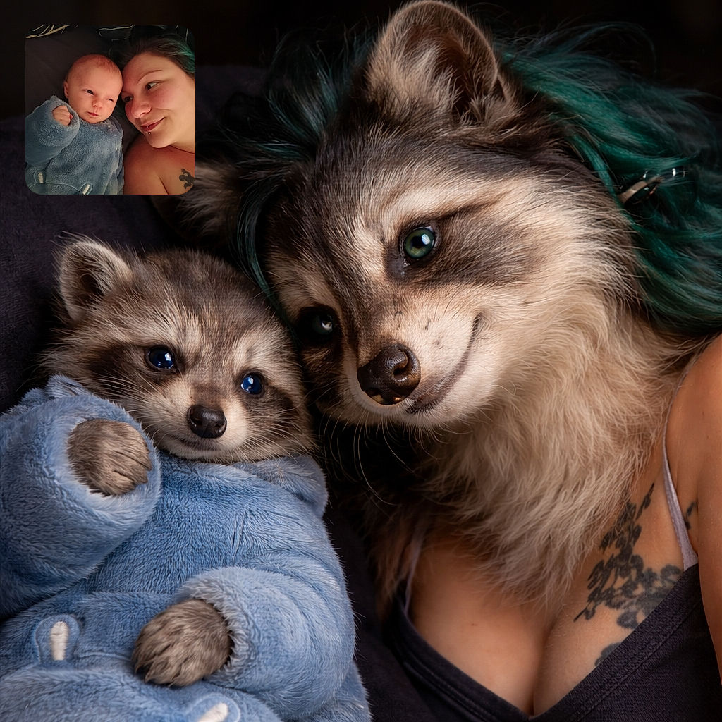 A tiny, suspicious-looking newborn in a fluffy blue onesie gives a skeptical side-eye while the adult with teal-tinted hair returns a goofy, loving grin — cozy bed cuddles, a subtle lip piercing, and a proud tattoo all on display.