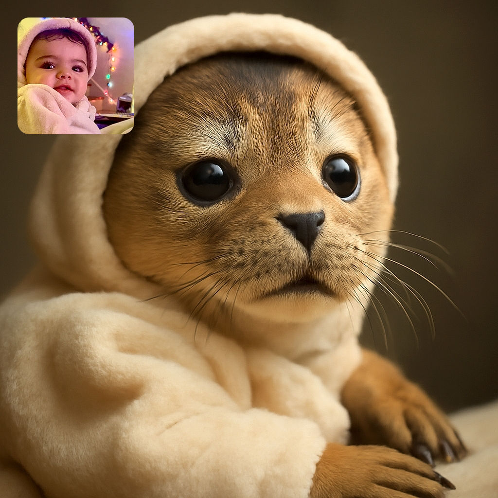A cozy baby wrapped in a soft, fluffy pink hoodie gazes curiously at the camera with twinkling eyes, while colorful holiday lights twinkle softly in the background, adding a festive and warm vibe.