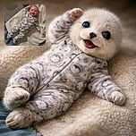A happy baby in a cozy penguin-patterned onesie lies on a fluffy cream blanket, flashing an adorable wide-eyed smile that could melt anyone's heart.