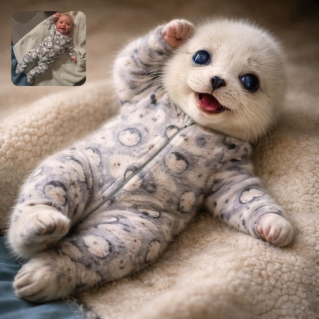 A happy baby in a cozy penguin-patterned onesie lies on a fluffy cream blanket, flashing an adorable wide-eyed smile that could melt anyone's heart.