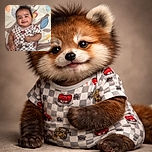 A happy baby lying on a colorful blanket with cartoonish bird and leaf patterns, wearing a checkered shirt with playful characters, smiling with a fist slightly raised as if ready for a tiny adventure.