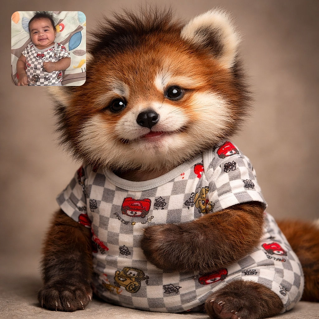 A happy baby lying on a colorful blanket with cartoonish bird and leaf patterns, wearing a checkered shirt with playful characters, smiling with a fist slightly raised as if ready for a tiny adventure.