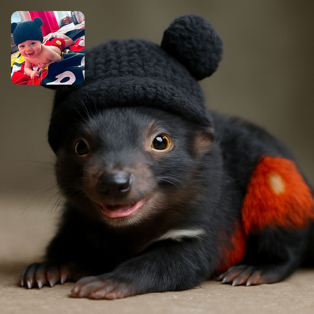 A cheerful baby lies on a colorful blanket, dressed adorably in a red knitted outfit with yellow buttons and a black hat with bear ears, smiling wide as if ready for a playful adventure in a cozy room with bright curtains.