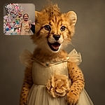 A joyful little girl in a sparkling cream dress stands excitedly next to a whimsically decorated Christmas tree adorned with candy-themed ornaments and pastel colors, creating a festive and magical holiday scene.