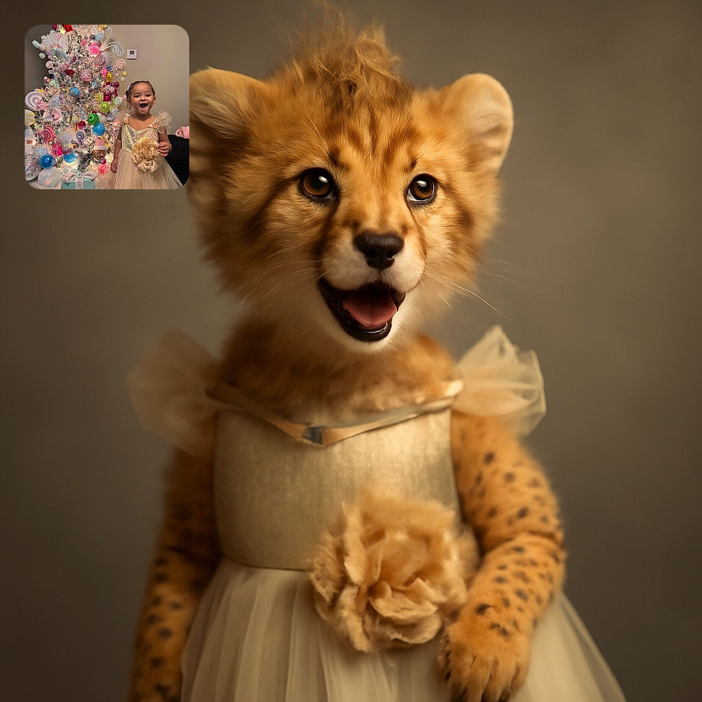A joyful little girl in a sparkling cream dress stands excitedly next to a whimsically decorated Christmas tree adorned with candy-themed ornaments and pastel colors, creating a festive and magical holiday scene.