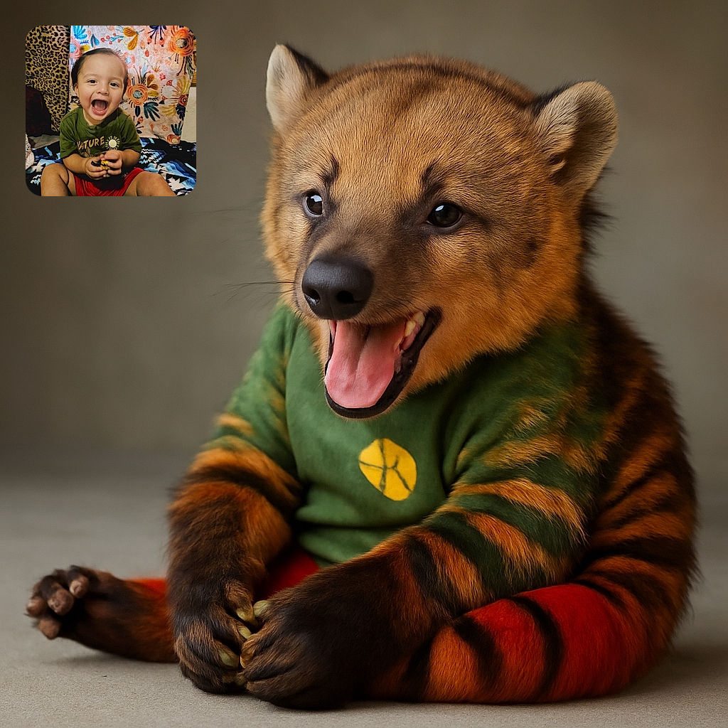 A joyful toddler sits cross-legged on a colorful blanket, laughing with mouth wide open while holding a small toy. The backdrop features a vibrant floral and leopard print fabric, creating a lively and cozy atmosphere.