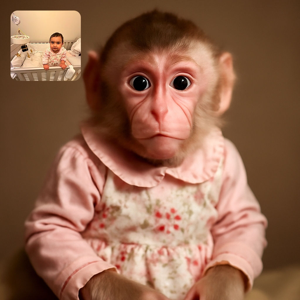 A curious toddler stands gripping the edge of a cozy crib, eyes wide with wonder and a hint of mischief, surrounded by soft bedding and a whimsical Quran Cube mobile hanging above.