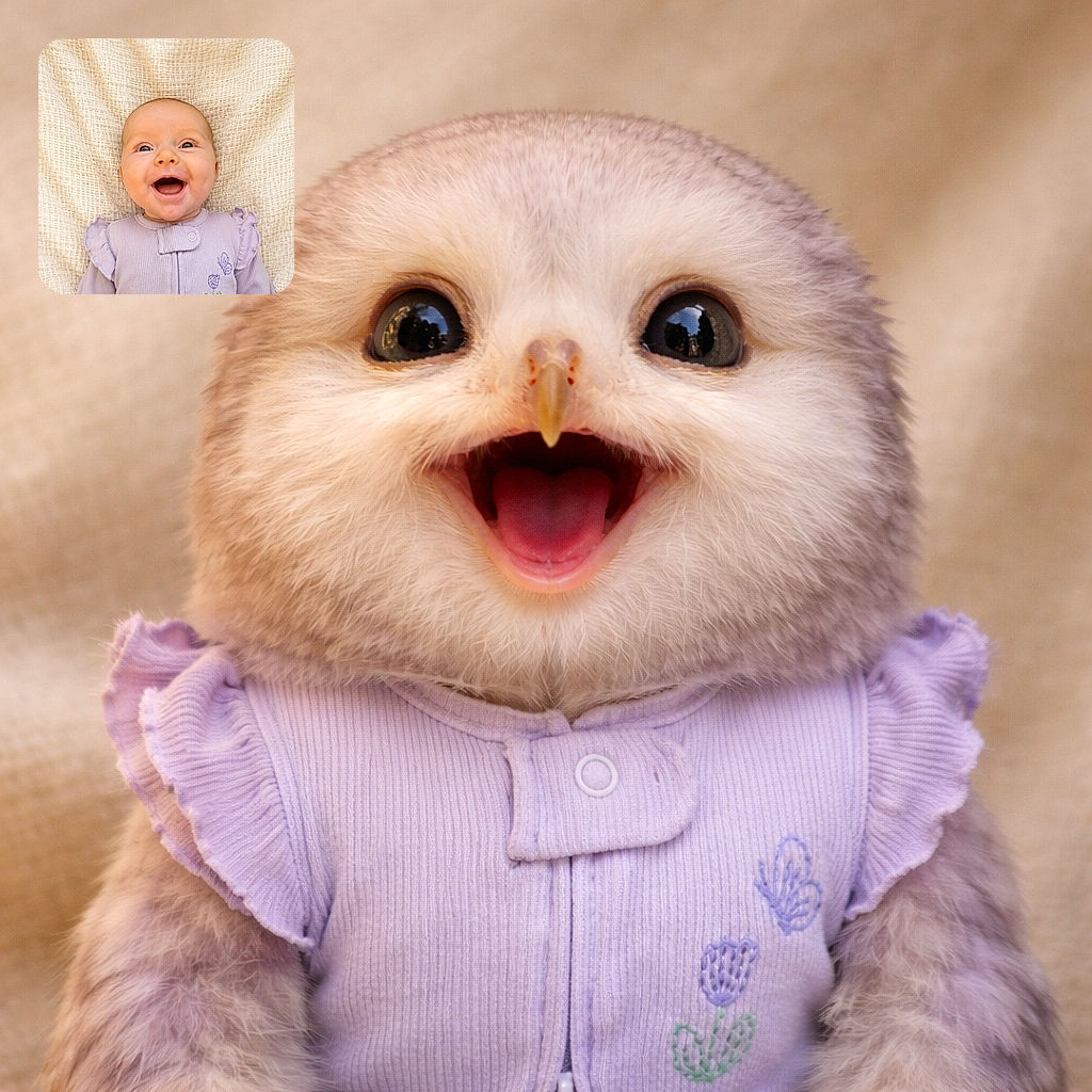 A joyful baby with bright eyes and an open-mouthed smile is lying on a textured cream blanket, dressed in a lavender outfit adorned with embroidered flowers and a butterfly, radiating pure happiness and innocence.