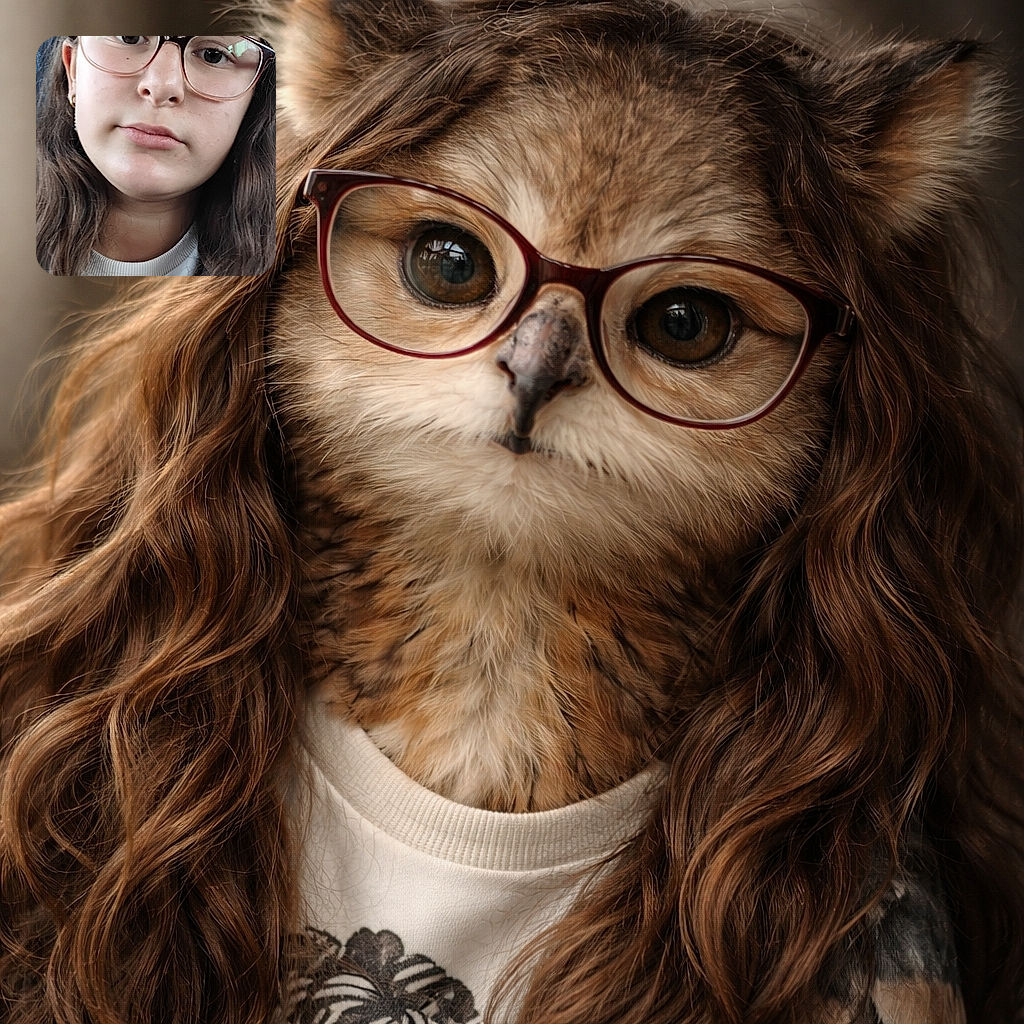 A close-up selfie of a young girl with long wavy hair and glasses, looking calmly at the camera with a neutral expression. The background is blurred, possibly inside a vehicle, focusing attention on her face and upper torso.