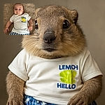 A wide-eyed baby lying on a fluffy beige rug, wearing a cute white t-shirt with a cheerful lemon graphic and blue checkered shorts, looking curiously at the camera with a calm expression.