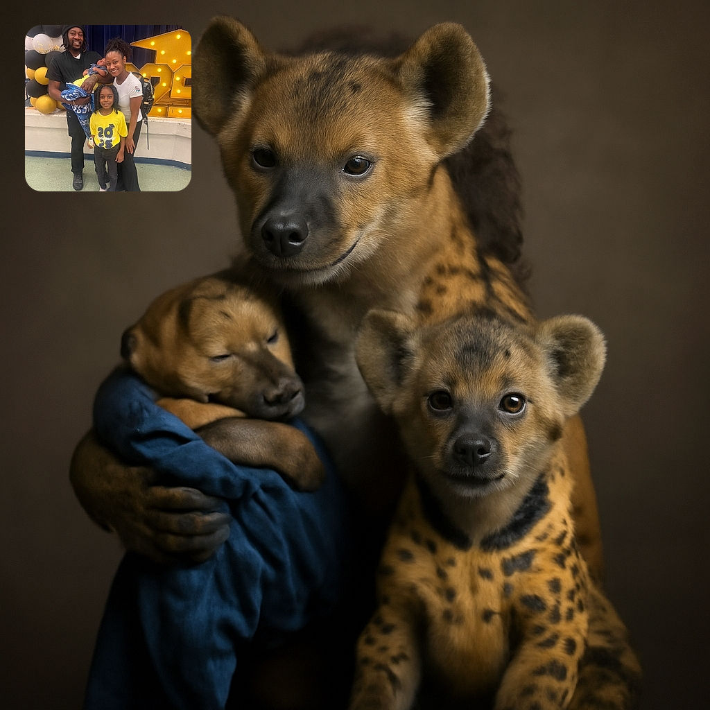 A joyful family portrait featuring a smiling man holding a newborn baby wrapped in a blue blanket, a woman with a bright smile leaning in close, and a young child proudly wearing a yellow '20 kindergarten' shirt. The backdrop includes festive black and gold balloons and illuminated decorations, adding a celebratory vibe to the scene.