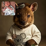 A tiny baby with a serious expression wears a cute headband and a koala-themed outfit, lying comfortably on a soft pink cushion, as if pondering the mysteries of the universe.