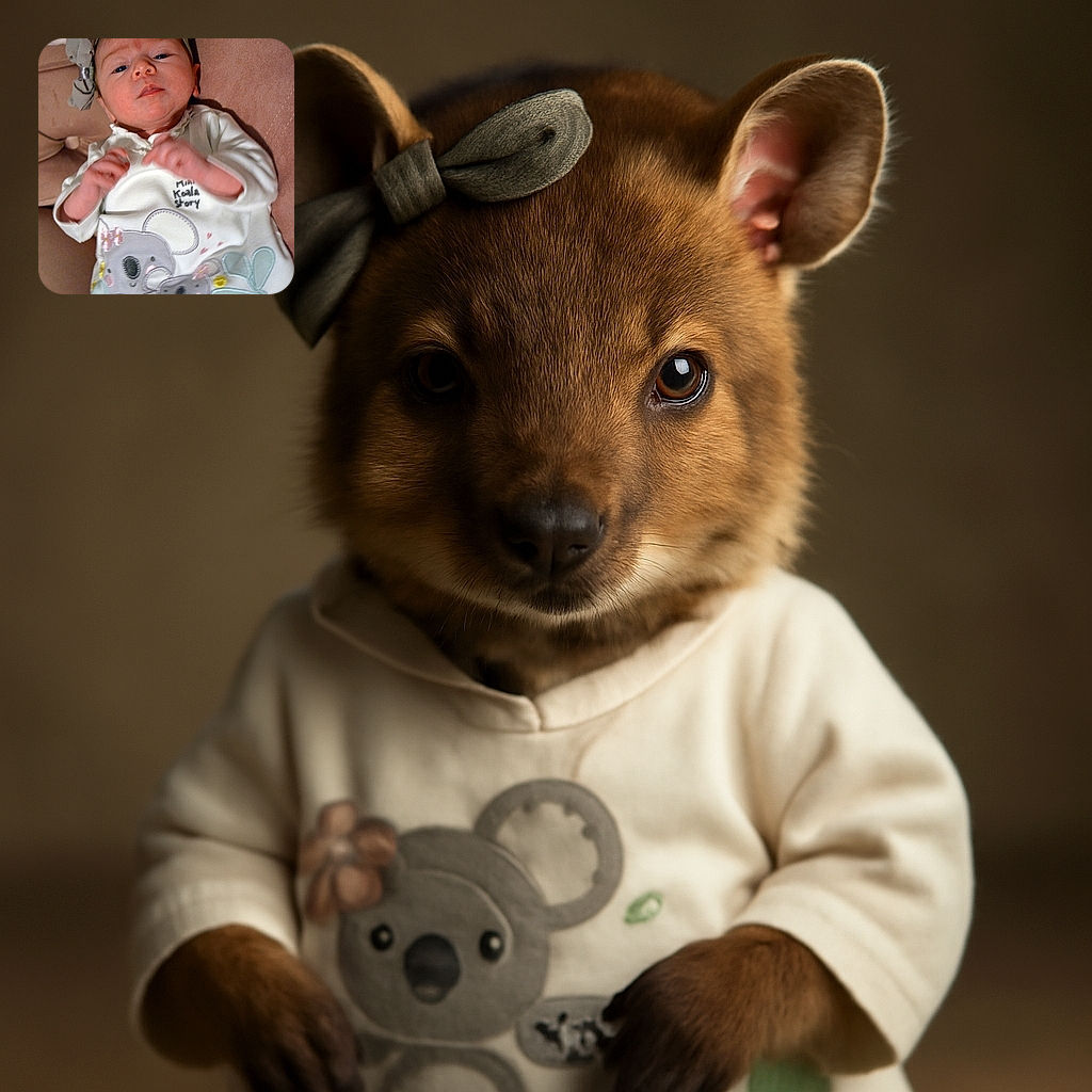 A tiny baby with a serious expression wears a cute headband and a koala-themed outfit, lying comfortably on a soft pink cushion, as if pondering the mysteries of the universe.