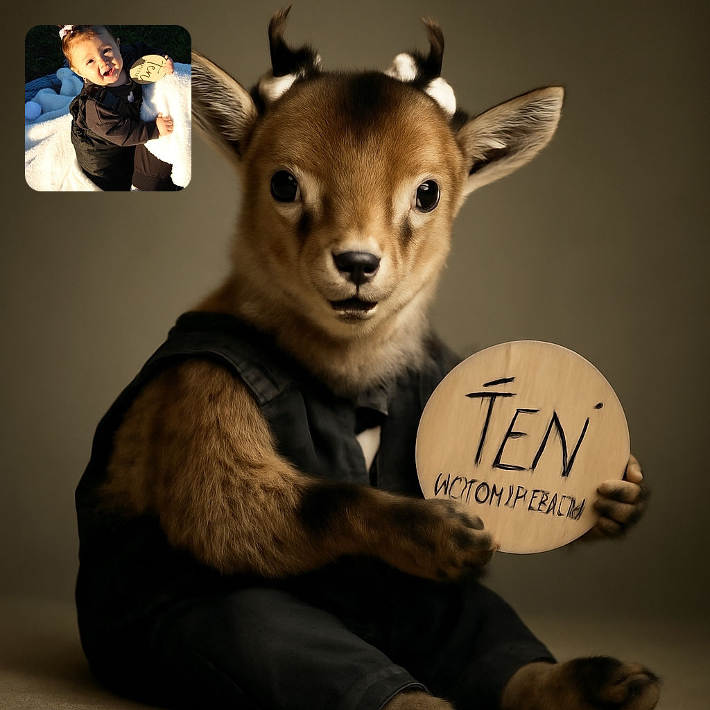 A cheerful baby with pink bows in her hair is wrapped in a cozy white blanket, holding a wooden plaque that says 'ten months' while basking in warm sunlight, surrounded by soft textures and a grassy backdrop.