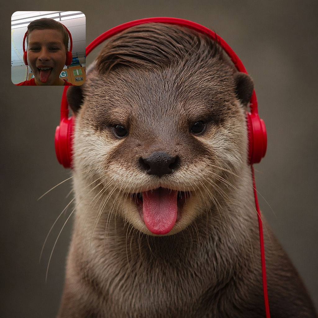 A cheerful school-age kid in bright red headphones leans into the camera with a wonderfully dramatic tongue-out grin, as if auditioning to be the classroom’s official goofy-face champion. Colorful classroom decorations and ceiling lights fill the background.