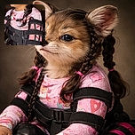 A young girl with braided hair is seated, wearing a pink Hello Kitty pajama top and a black supportive harness, looking thoughtfully to the side under warm indoor lighting with a ceiling fan in the background.