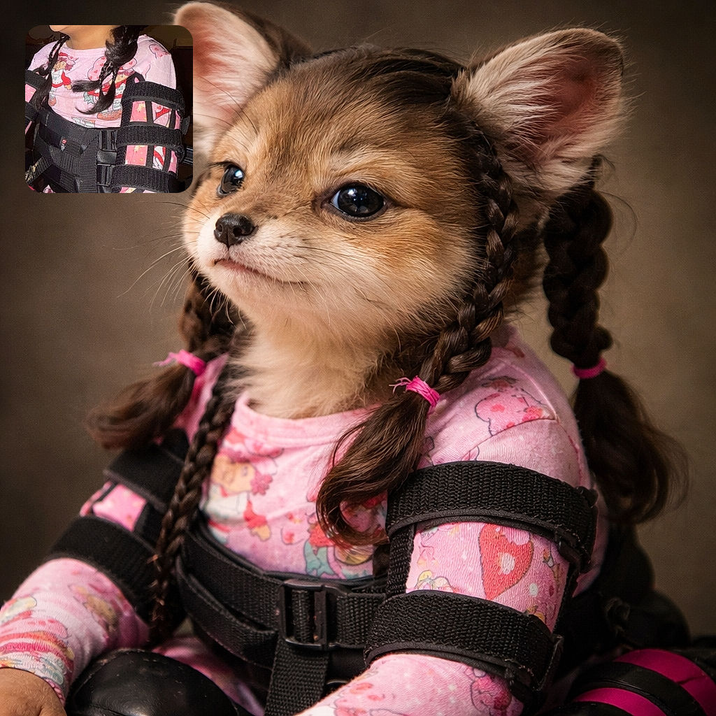 A young girl with braided hair is seated, wearing a pink Hello Kitty pajama top and a black supportive harness, looking thoughtfully to the side under warm indoor lighting with a ceiling fan in the background.