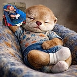A peacefully sleeping baby reclines in a colorful blue baby rocker adorned with playful cartoon designs, set against a textured asphalt background with some stroller wheels visible in the distance.