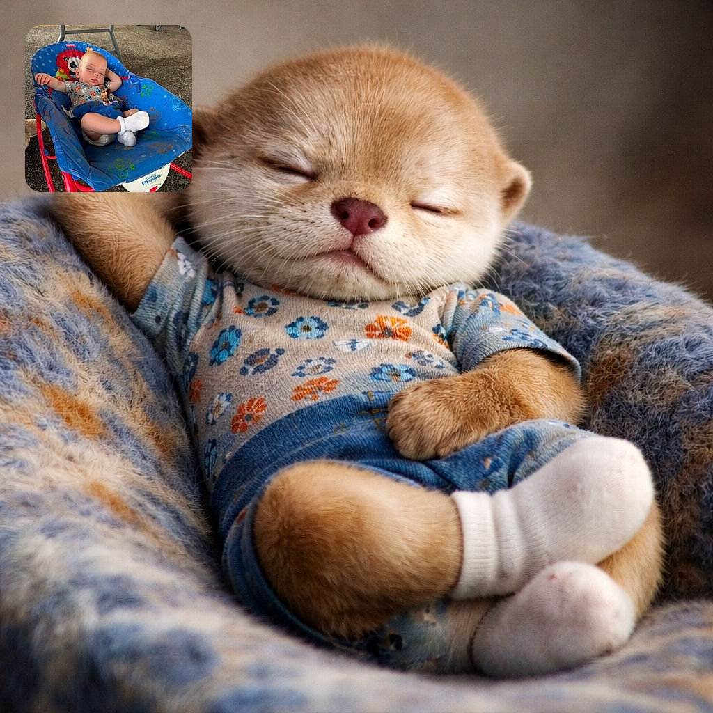 A peacefully sleeping baby reclines in a colorful blue baby rocker adorned with playful cartoon designs, set against a textured asphalt background with some stroller wheels visible in the distance.