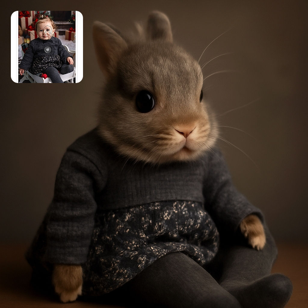 A cute toddler dressed in a cozy dark outfit sits comfortably on a white wooden sleigh surrounded by festive Christmas presents wrapped in red ribbons, creating a warm holiday atmosphere.