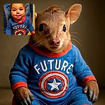 A cute toddler wearing a blue outfit with a Captain America shield and the word 'FUTURE' sits on a red stool, smiling at the camera with a nautical-themed towel backdrop. The photo is a bit blurry but captures a charming moment.