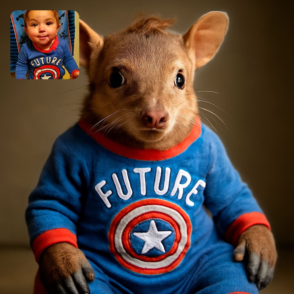 A cute toddler wearing a blue outfit with a Captain America shield and the word 'FUTURE' sits on a red stool, smiling at the camera with a nautical-themed towel backdrop. The photo is a bit blurry but captures a charming moment.