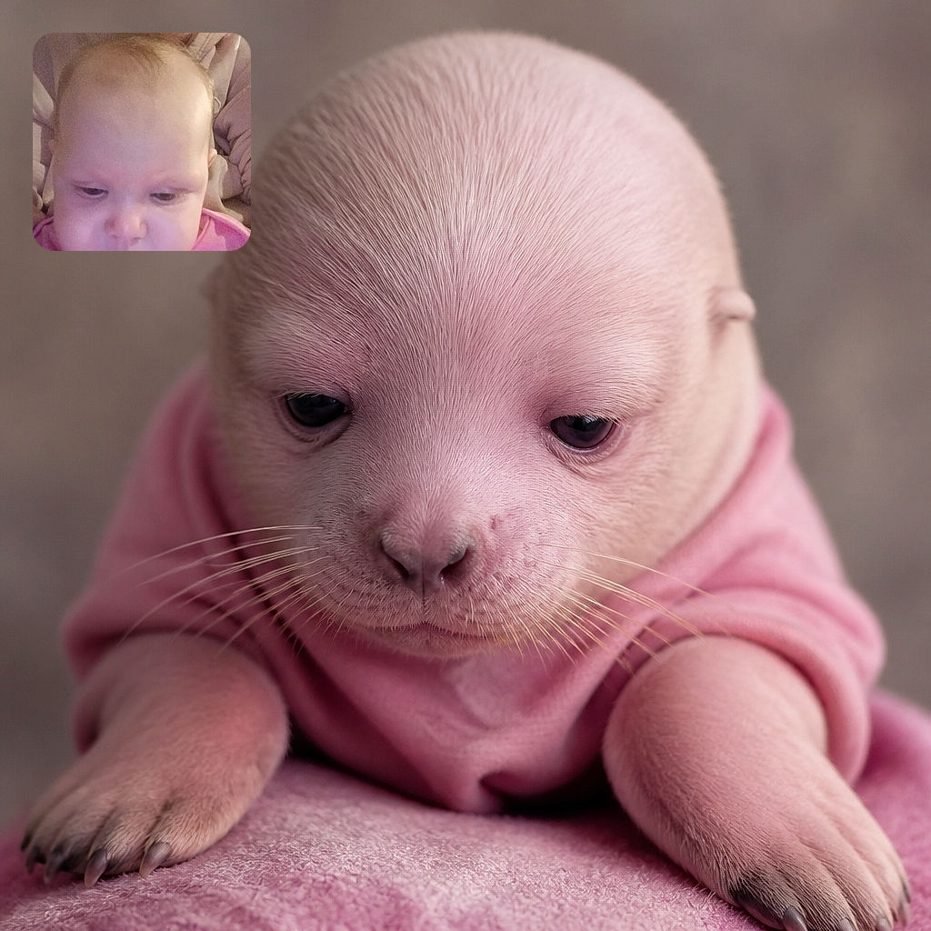 A wide-eyed baby is being cuddled by an older sibling or caregiver, looking like a tiny sleepy boss inspecting the camera while wearing a pink shirt. The cozy indoor setting and soft, dim lighting give the photo a warm family-snapshot feel.