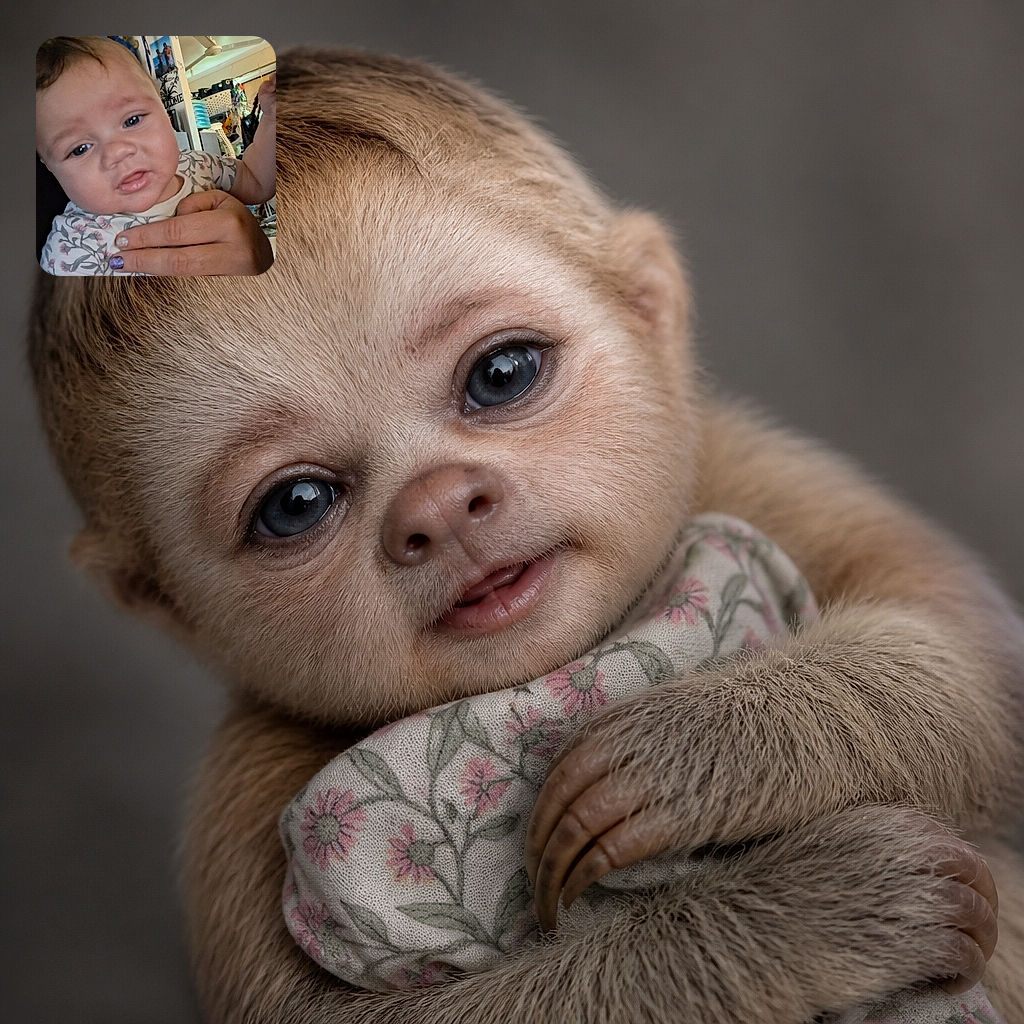 A wide-eyed baby is being held up for a close-up portrait, looking adorably puzzled as if trying to understand why the ceiling fan is spinning. The floral outfit, colorful fingernails, cozy cluttered room, and generous supporting hand give the snapshot a warm family-photo feel.