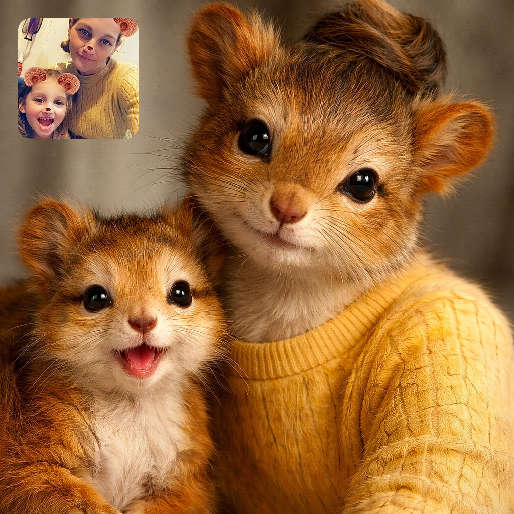 A cozy indoor selfie of a woman and a young child, both sporting playful bear ear and nose filters with sparkles, sharing a warm moment filled with smiles and joy. The background shows a typical home setting with everyday items adding to the casual vibe.