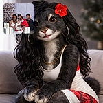 A cozy holiday studio portrait: a beaming family lounges in front of a frosted Christmas tree and oversized gift boxes. Mom in white holds a wide‑eyed baby with a bow who looks like the tiny CEO of present inspection, while two adults flank them — one in a red sweater flashing a grin and the other keeping a cool, relaxed pose. Warm smiles, festive decor, and just enough glitter to make the tree jealous.