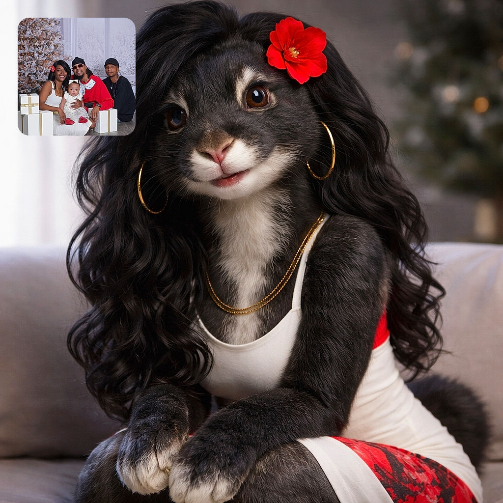 A cozy holiday studio portrait: a beaming family lounges in front of a frosted Christmas tree and oversized gift boxes. Mom in white holds a wide‑eyed baby with a bow who looks like the tiny CEO of present inspection, while two adults flank them — one in a red sweater flashing a grin and the other keeping a cool, relaxed pose. Warm smiles, festive decor, and just enough glitter to make the tree jealous.