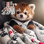 A happy baby bundled in a festive blanket sits comfortably on a dark leather couch, flashing a charming smile with a tuft of hair playfully sticking up, while an adult's arm rests casually nearby.