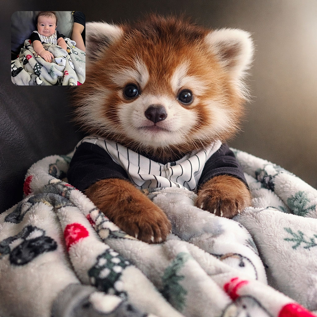 A happy baby bundled in a festive blanket sits comfortably on a dark leather couch, flashing a charming smile with a tuft of hair playfully sticking up, while an adult's arm rests casually nearby.