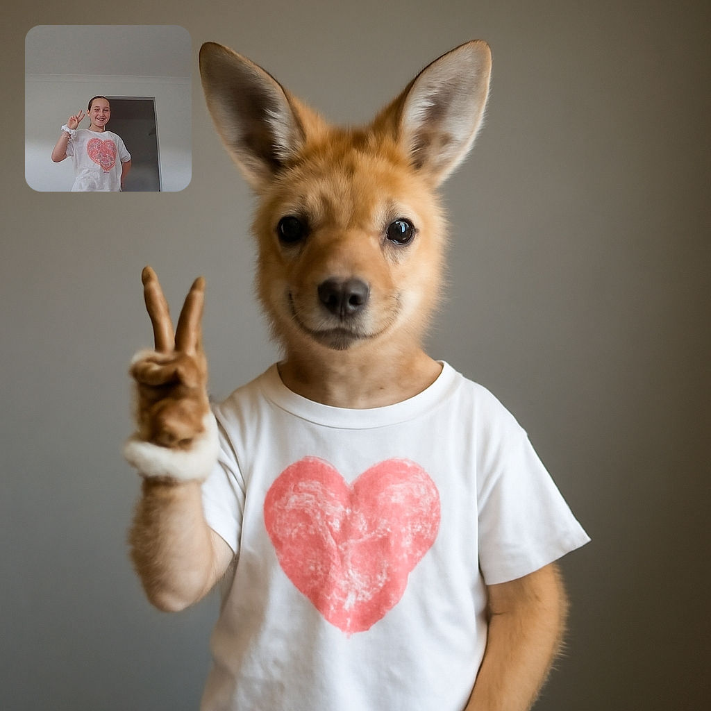 A cheerful child stands indoors against a plain wall, flashing a peace sign with one hand and a big smile on their face, wearing a white t-shirt with a colorful heart design. The background includes a guitar resting against the wall and a partially open door, adding a cozy home vibe.