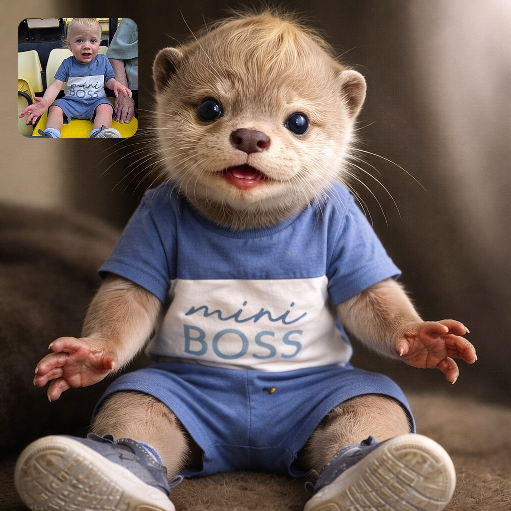 A confused little toddler wearing a "mini BOSS" outfit is sitting on bright yellow stadium seats, gesturing with one hand while an adult's hand gently supports them. The child's expression is a mix of surprise and curiosity, making it look like they're ready to take charge of the game or just ask for a snack.