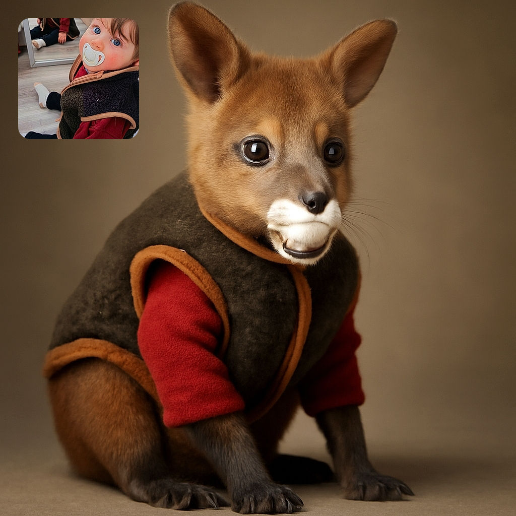 A curious little toddler with bright blue eyes and a pacifier stares directly at the camera while sitting on a wooden floor, with their reflection showing in a nearby mirror and an adult partially visible taking the photo.