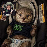 A wide-eyed baby lounges in a car seat like a tiny CEO, pumping both fists while proudly modeling a “Coolest Level” outfit. The warning labels provide an unexpectedly serious backdrop to this cheerful little passenger.