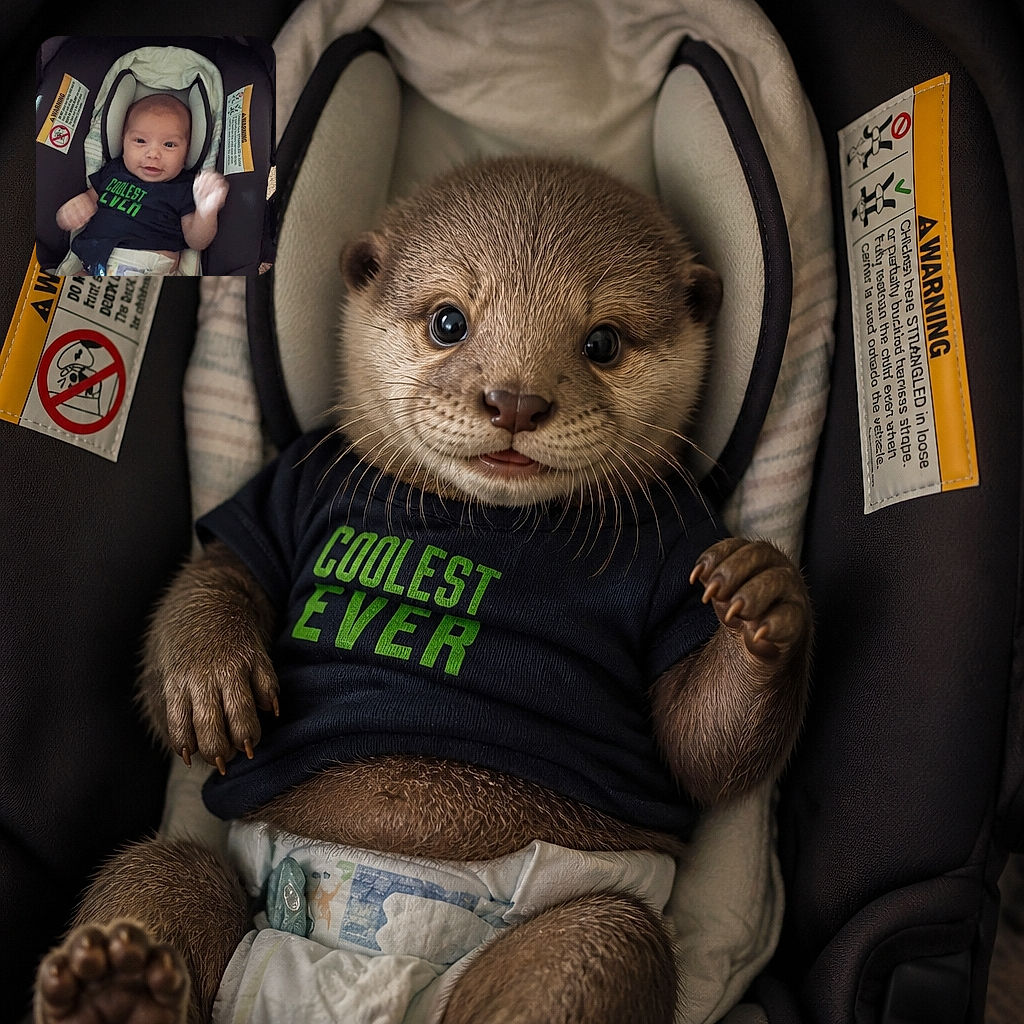 A wide-eyed baby lounges in a car seat like a tiny CEO, pumping both fists while proudly modeling a “Coolest Level” outfit. The warning labels provide an unexpectedly serious backdrop to this cheerful little passenger.
