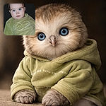 A wide-eyed baby stares straight at the camera like it's auditioning for a blueberry commercial — blue eyes sparkling, chubby cheeks on full display, cozy green sweatshirt and a slightly bewildered but adorable expression against a dark background.