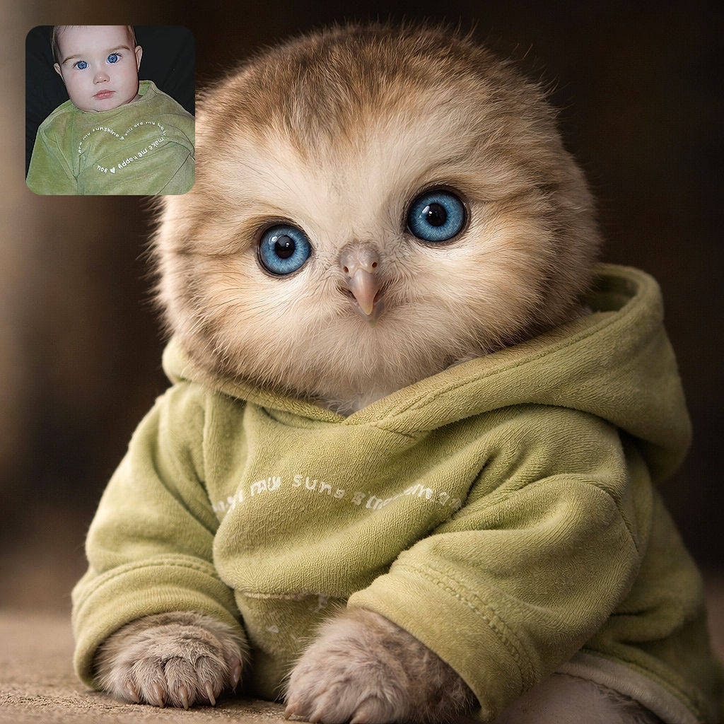 A wide-eyed baby stares straight at the camera like it's auditioning for a blueberry commercial — blue eyes sparkling, chubby cheeks on full display, cozy green sweatshirt and a slightly bewildered but adorable expression against a dark background.