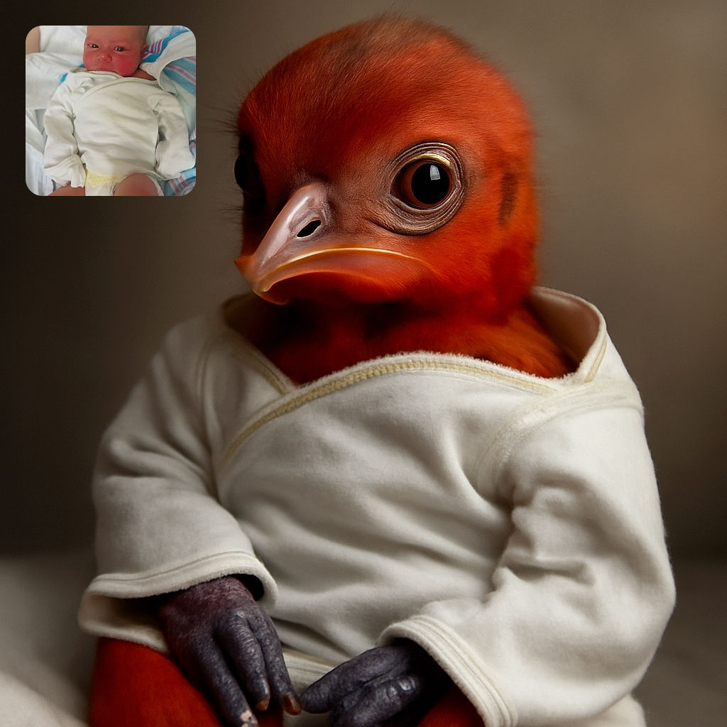 A newborn baby wrapped in a white outfit lies on a bed with colorful striped blankets, gazing curiously with slightly red cheeks, capturing the innocence and softness of early life.