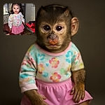 A cute little girl with a messy face from spaghetti sauce stands confidently on a chair in a cozy kitchen, while a blurred boy reaches out near the table with a bowl of half-eaten spaghetti in the foreground.