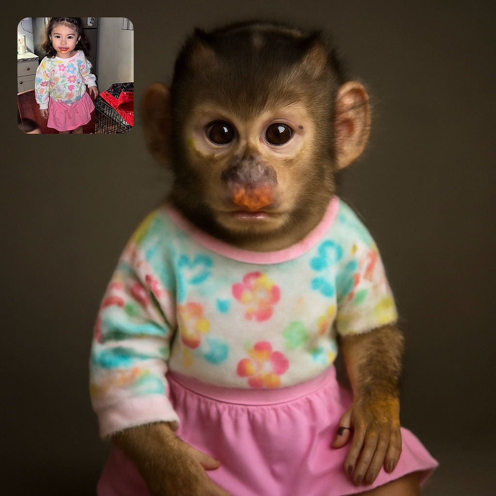 A cute little girl with a messy face from spaghetti sauce stands confidently on a chair in a cozy kitchen, while a blurred boy reaches out near the table with a bowl of half-eaten spaghetti in the foreground.