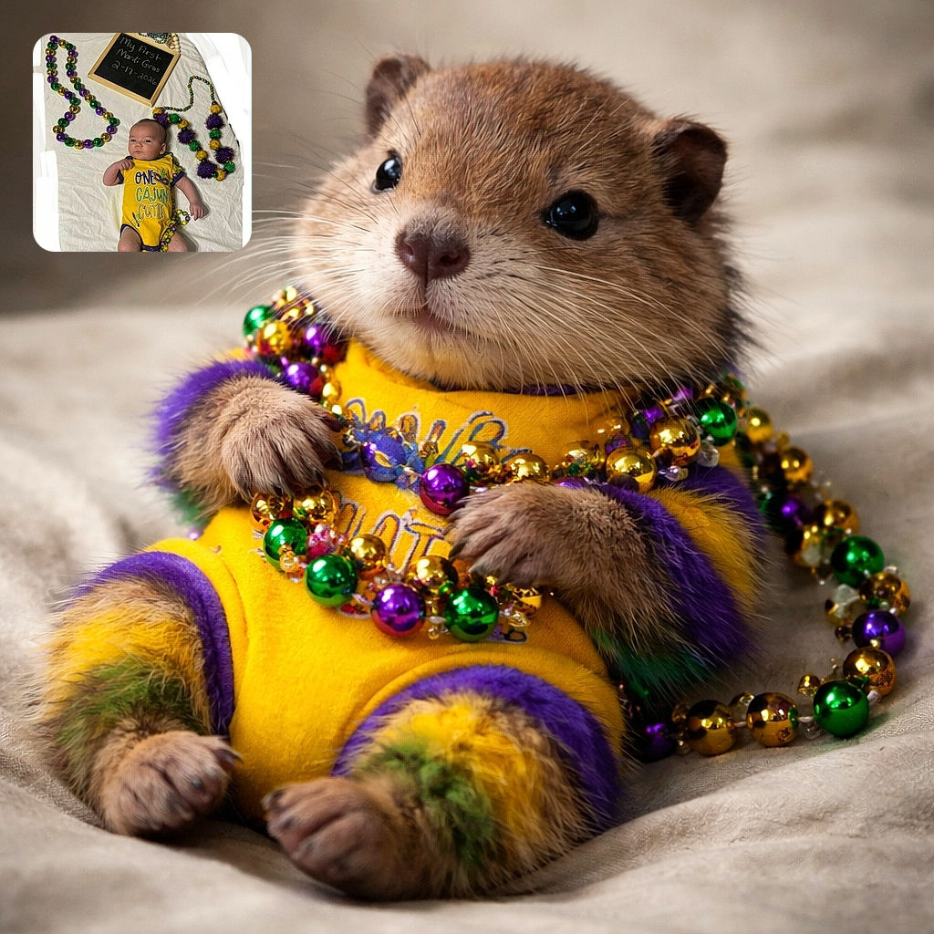 A tiny, unimpressed baby lounges on a white blanket in a bright yellow 'One Cajun Cutie' onesie surrounded by purple, green and gold Mardi Gras beads and a chalkboard announcing 'My First Mardi Gras' — the tiniest partygoer judging the festivities.