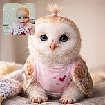 A cute baby with a tiny ponytail on top, dressed in a pink shirt featuring a cartoon cat holding a heart, sits adorably on a couch surrounded by sparkly star effects that add a magical vibe to the cozy indoor setting.