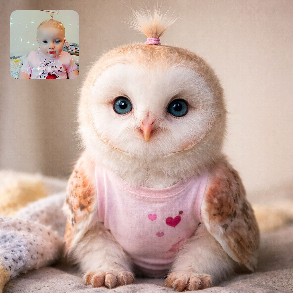 A cute baby with a tiny ponytail on top, dressed in a pink shirt featuring a cartoon cat holding a heart, sits adorably on a couch surrounded by sparkly star effects that add a magical vibe to the cozy indoor setting.
