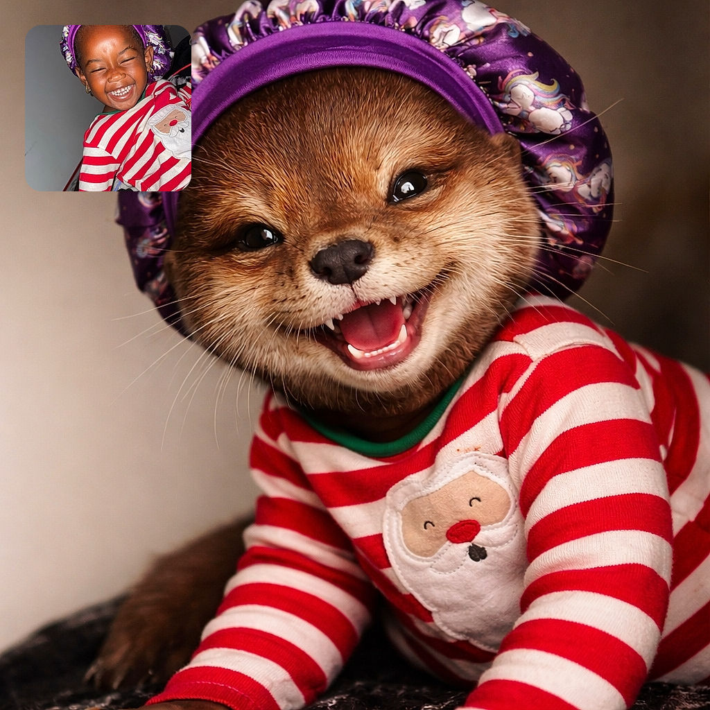 A joyful child wearing a festive red and white striped shirt with a Santa face patch, and a purple bonnet, laughing heartily with eyes closed, captured indoors with a cozy blanket in the background.