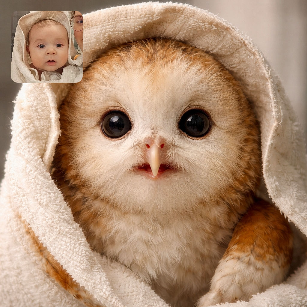 A wide‑eyed baby peeks out of a fluffy towel hood like a tiny, damp superhero — big curious eyes, a slightly open mouth, and a soft towel fortress with a cropped adult face at the edge of the frame.