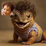 A joyful toddler with a head full of curly hair beams brightly, eyes sparkling with delight, wearing a pastel-colored ruffled outfit, set against a soft, textured background.